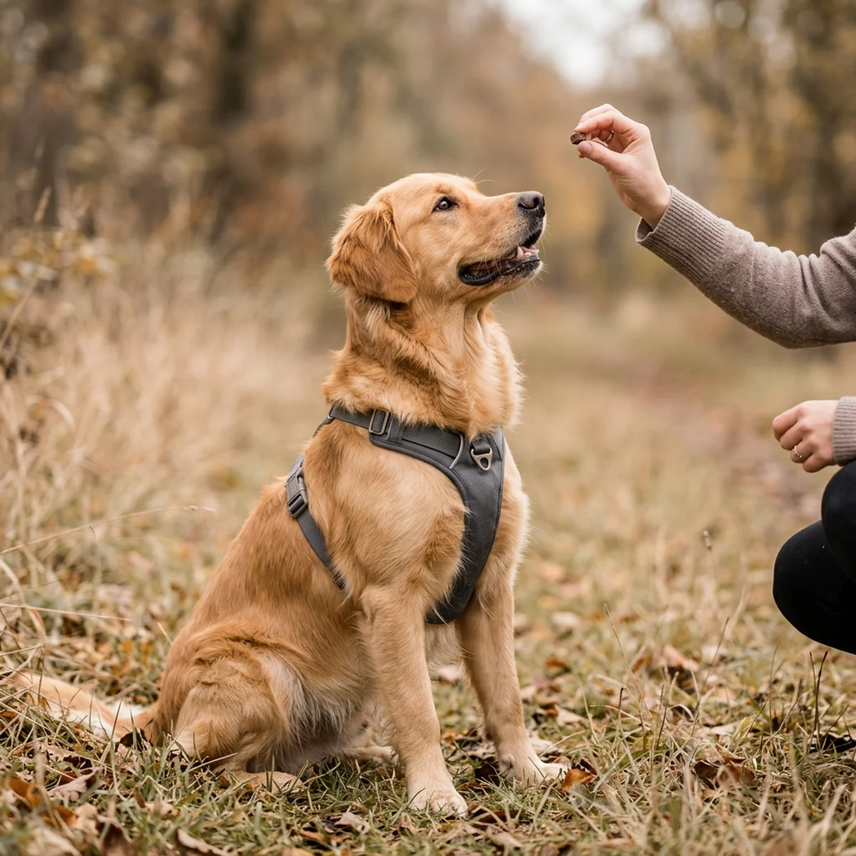 Golden Retriever sitting calmly and focusing on owner during leash training with treat reward