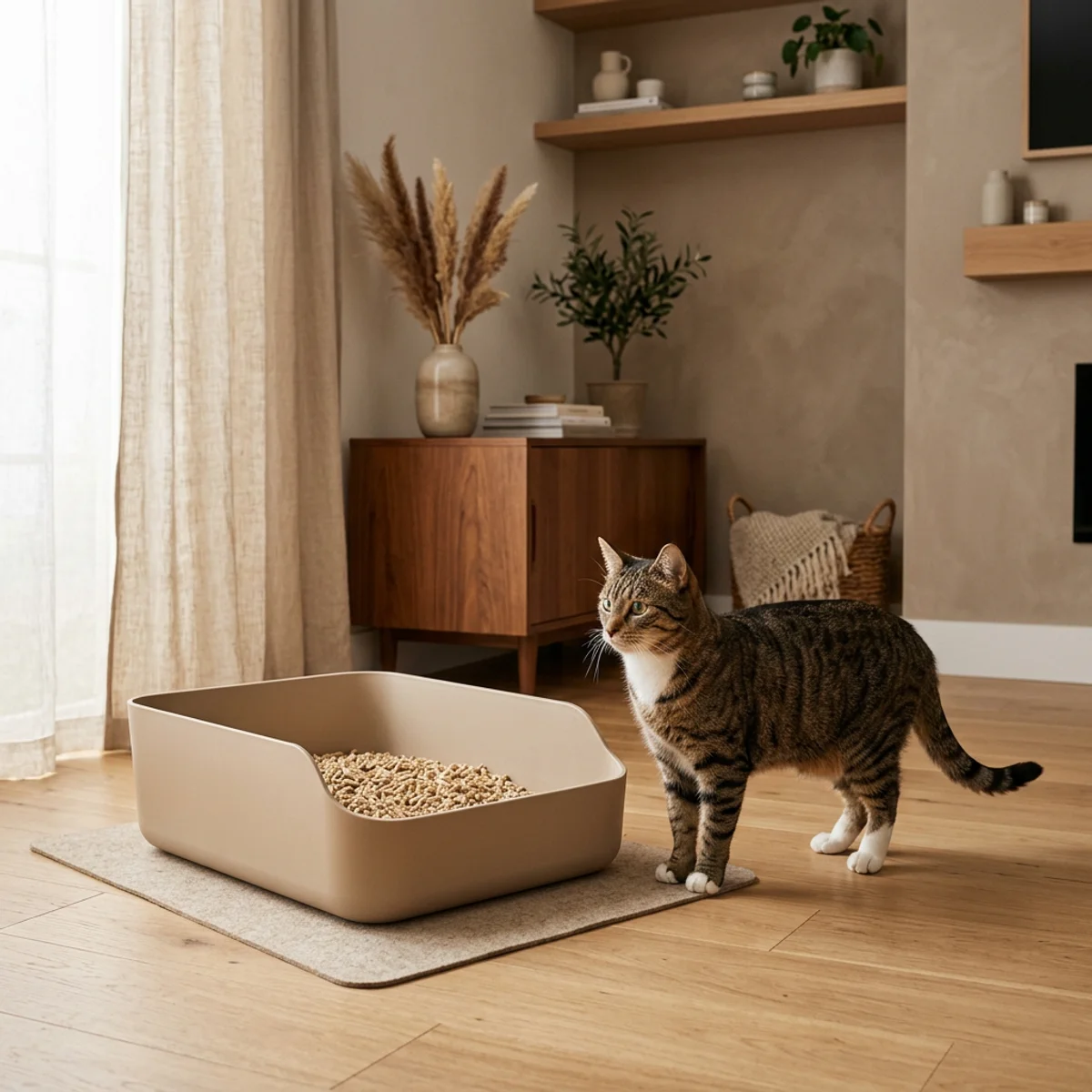 Tabby cat beside clean modern litter box in warm neutral home interior