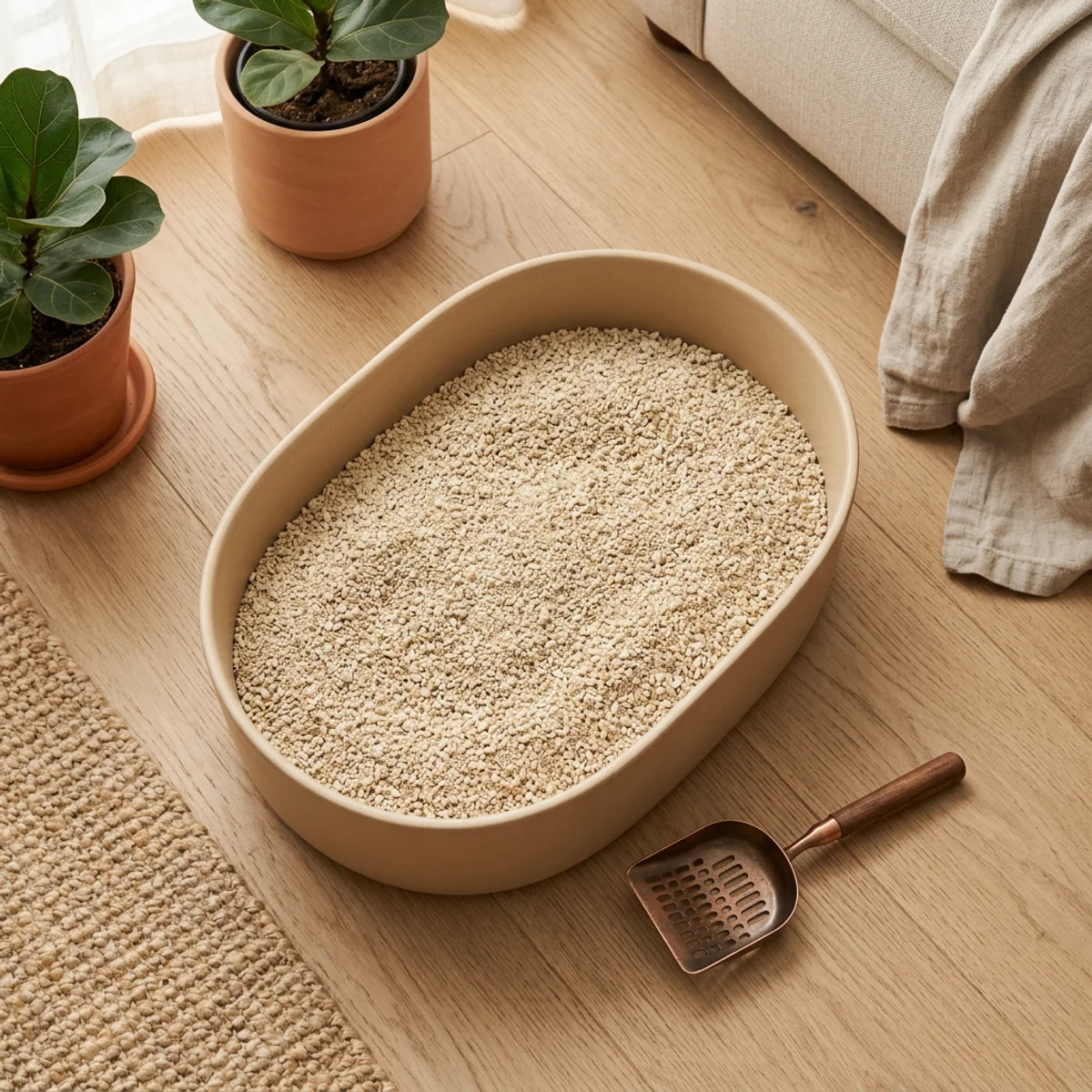 Overhead view of clean natural cat litter in modern box with scoop on wood floor