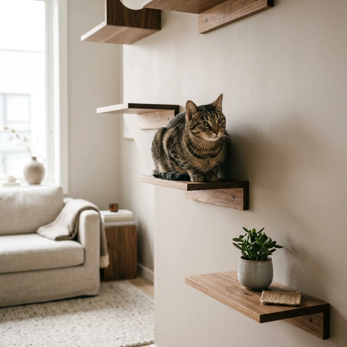 Chat tigré sur une étagère murale flottante en bois moderne dans une maison minimaliste adaptée aux chats avec décor d'escalade vertical