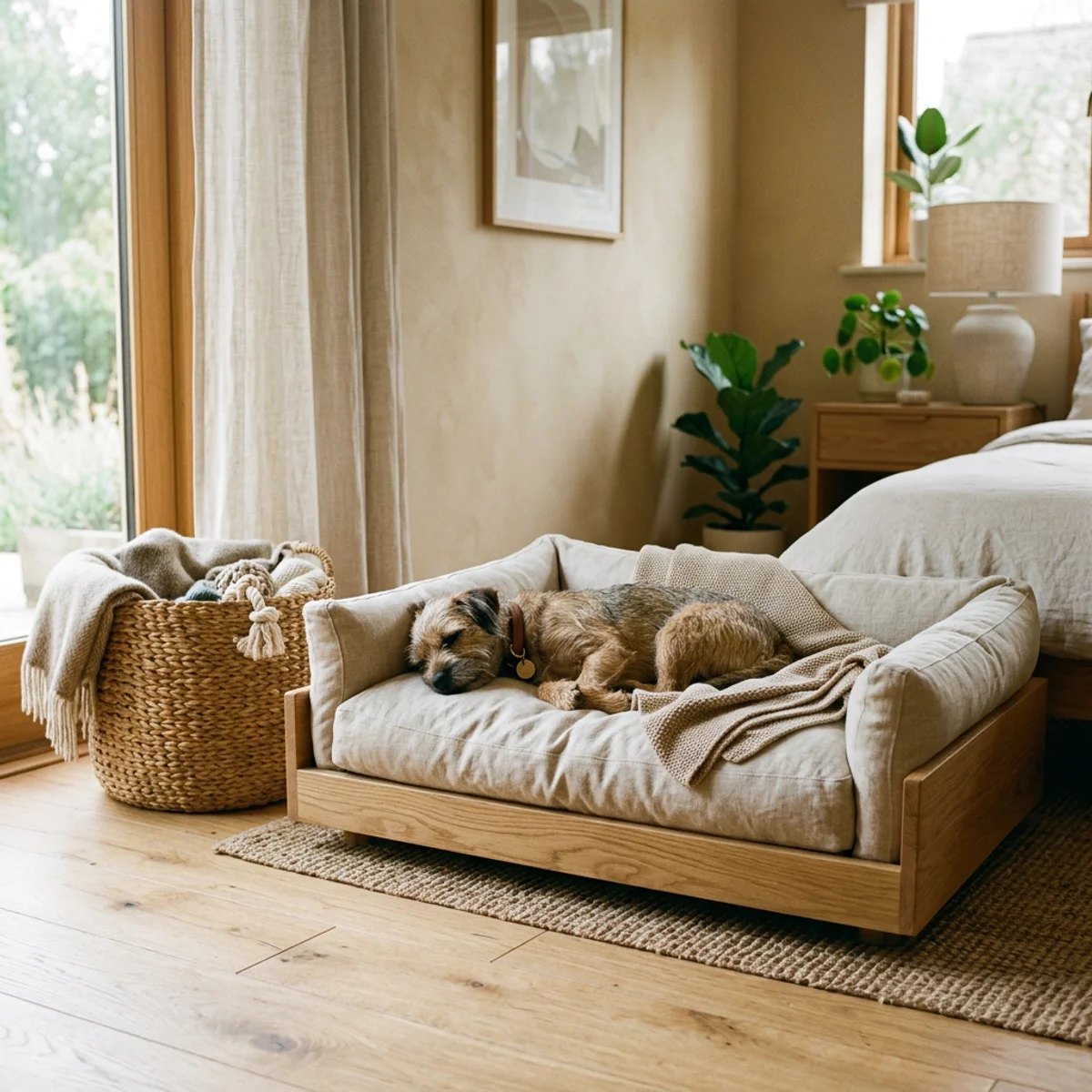 Petit terrier qui dort sur un lit pour chien en lin couleur avoine dans une chambre lumineuse au design moderne avec tons neutres chaleureux