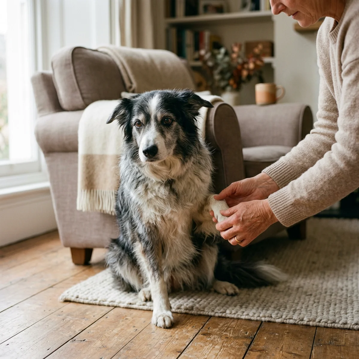 Elderly border collie receiving gentle health check from owner at home