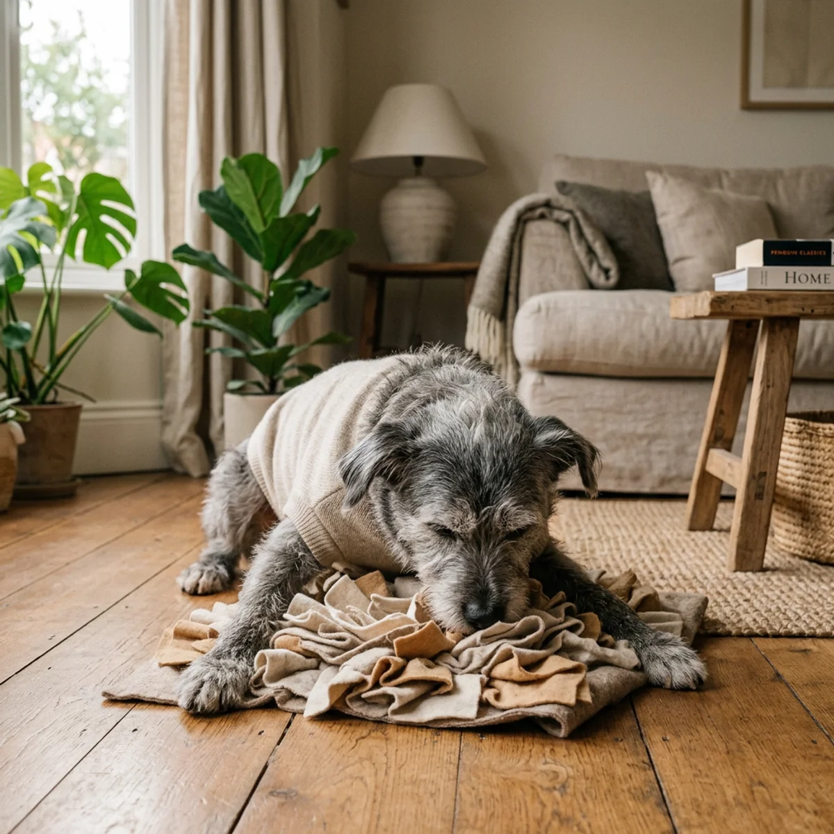 Senior dog enjoying mental stimulation with snuffle mat enrichment toy at home
