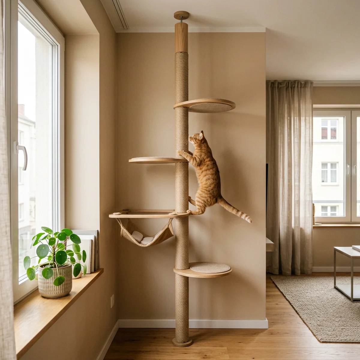 Ginger cat on a tall floor-to-ceiling cat tree in a small apartment corner