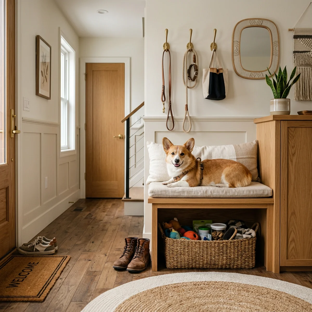 Corgi resting on a storage bench in a condo entryway with leashes on wall hooks