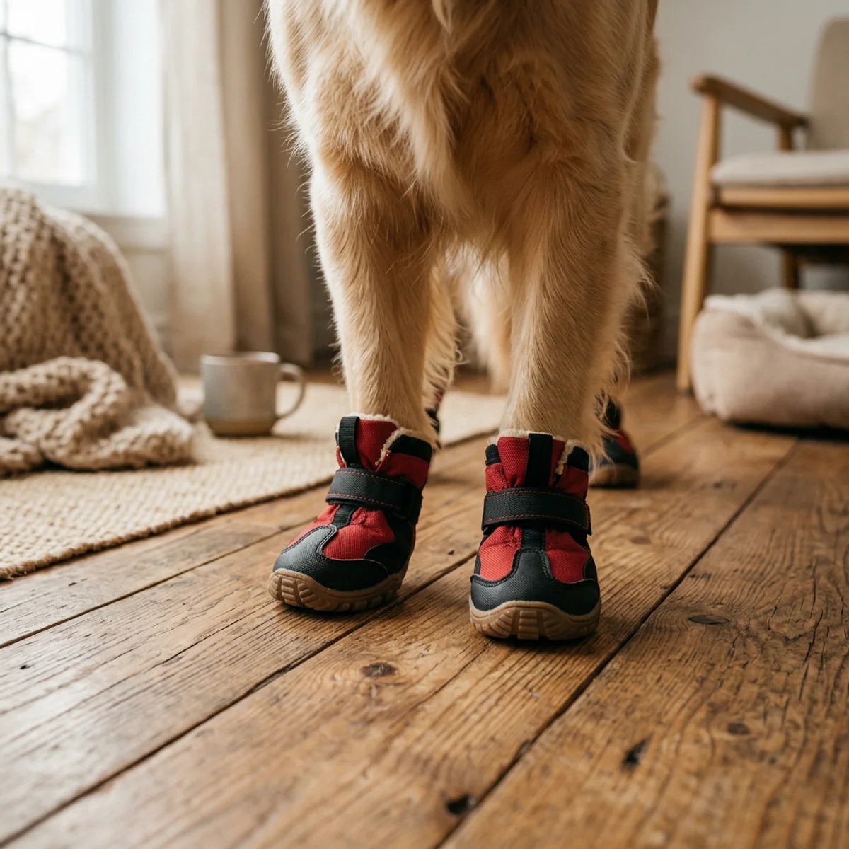 Gros plan sur un chien portant des bottines de protection d'hiver à l'intérieur
