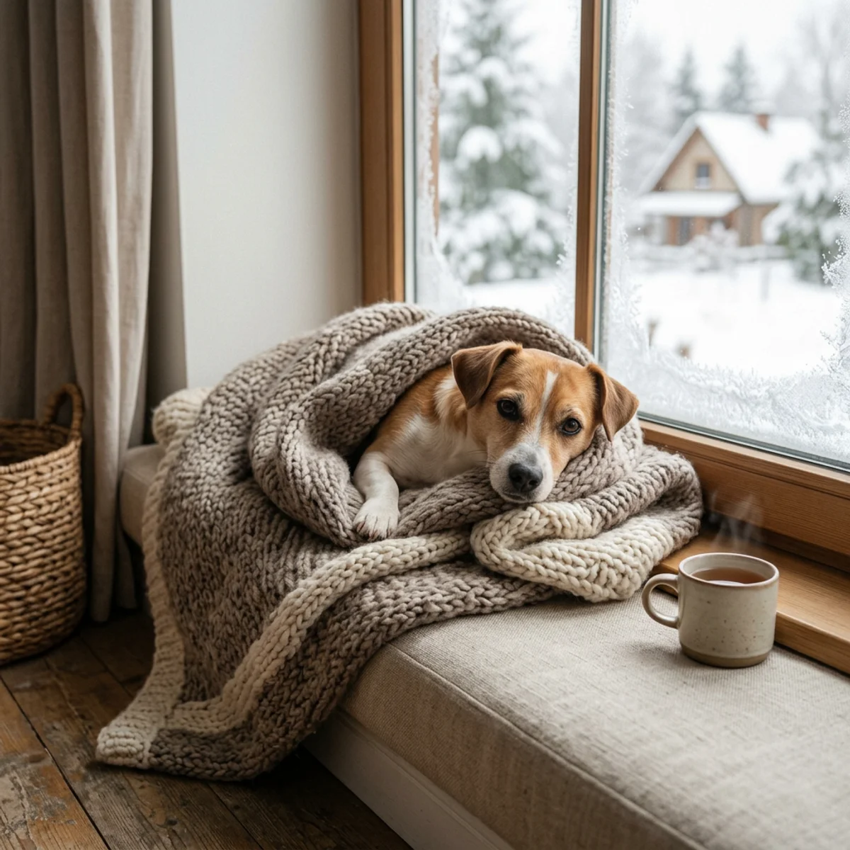 Petit chien enveloppé dans une couverture pour rester au chaud à l'intérieur pendant l'hiver