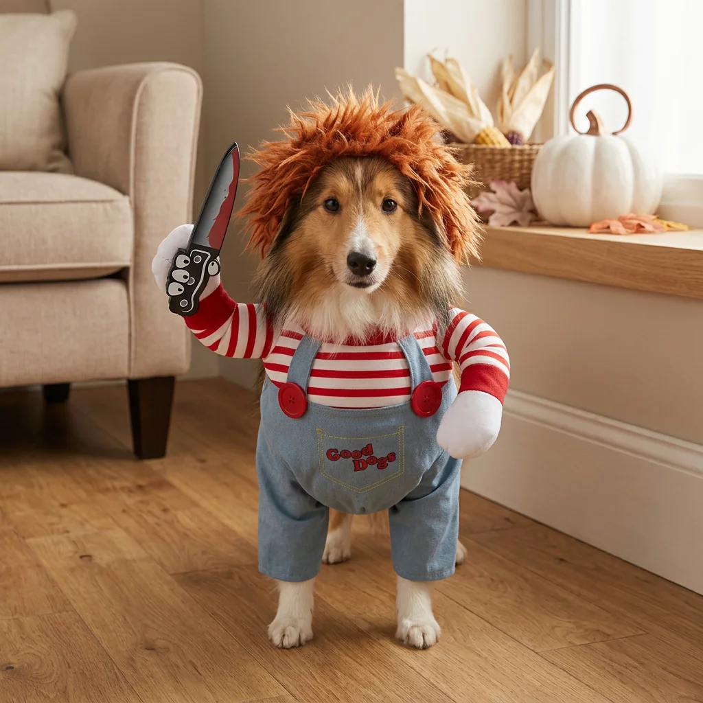 Costume d'Halloween Chucky pour Chien avec Perruque et Couteau image 2