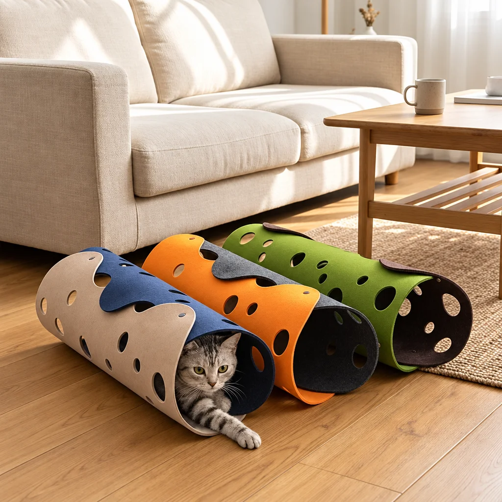 Modular Felt Cat Tunnel & Bed – Collapsible Interactive Play Mat with Peek-a-Boo Holes