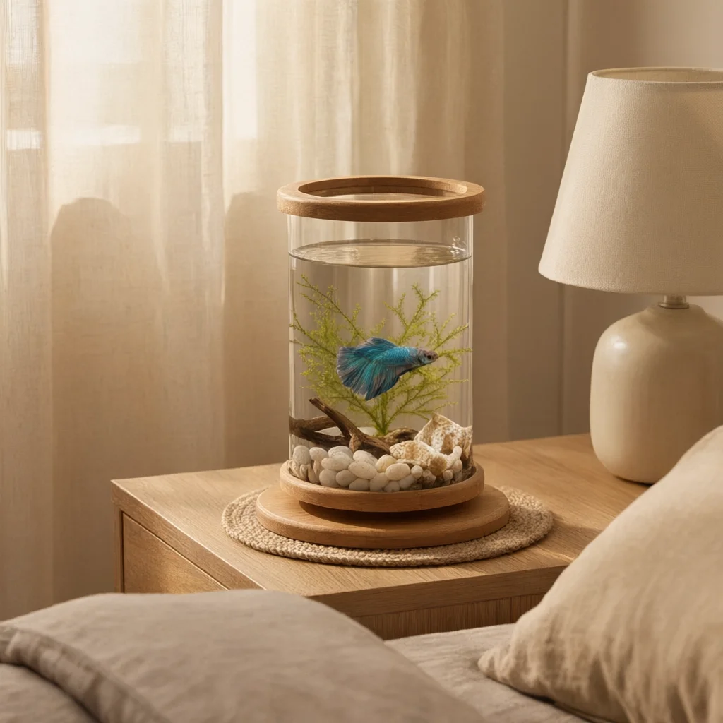 Mini aquarium en verre avec base en bambou – Réservoir de bureau image 2