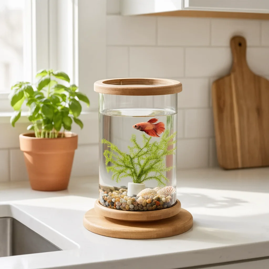 Mini aquarium en verre avec base en bambou – Réservoir de bureau image 3