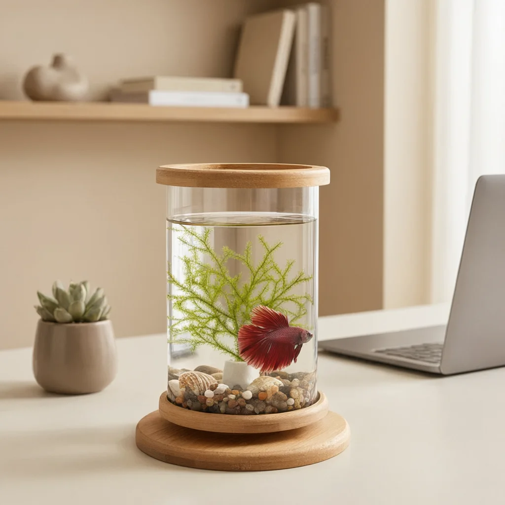 Mini aquarium en verre avec base en bambou – Réservoir de bureau image 4